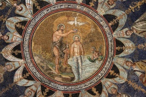 Dome mosaic (451-75) centering on the Baptism of Christ.